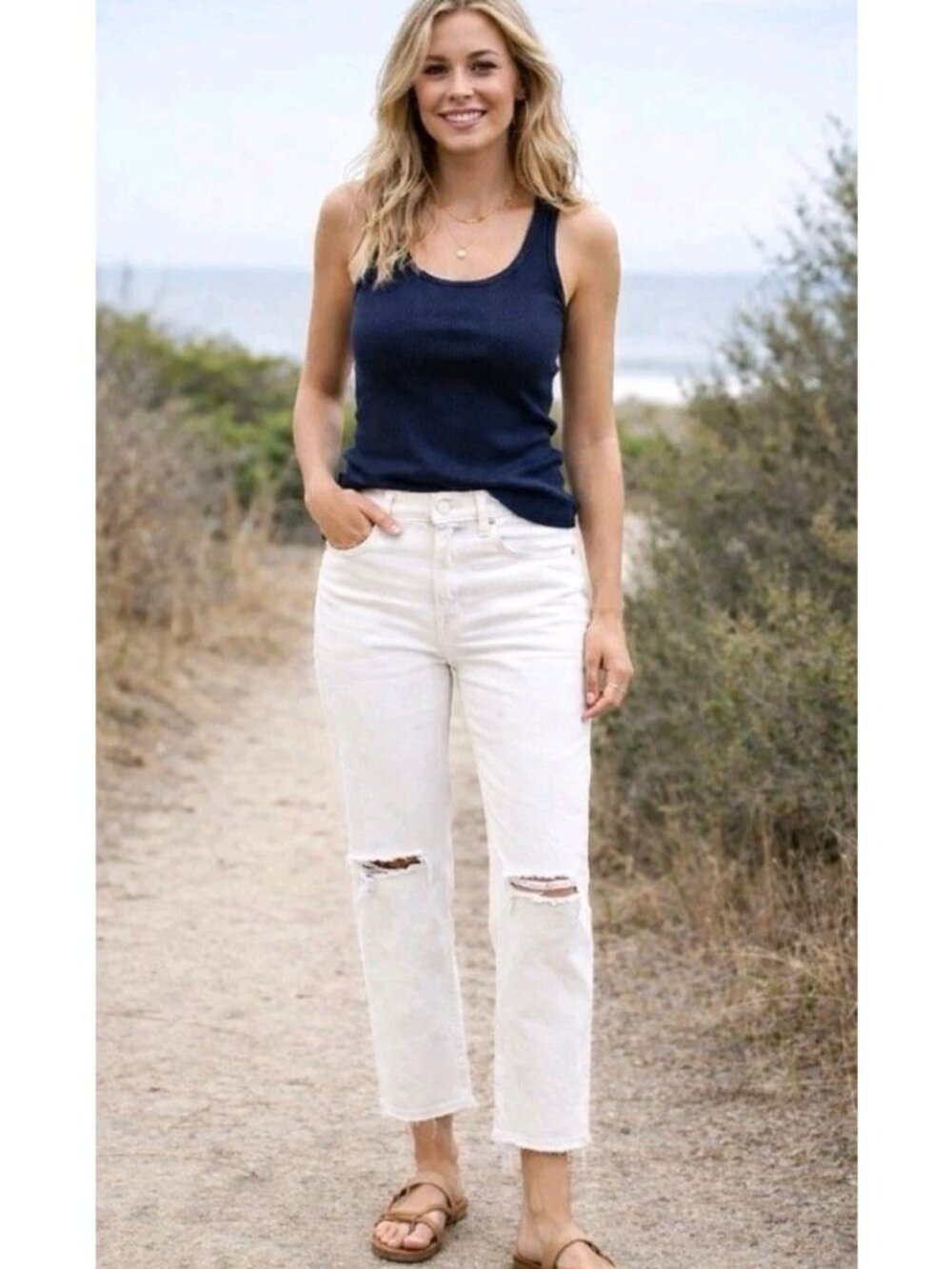 Madewell Dean Easy Straight Crop Jeans Womens Size 29 Tile White Distressed NWT